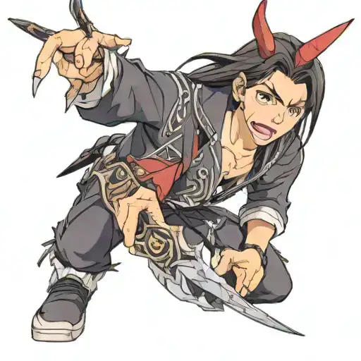 02 with anime Franco is cute, with long straight hair, licks a short knife, with small straight horns, expressive eyes,  tattoo design idea