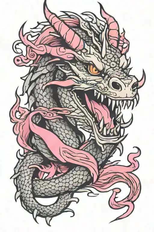 dragon w pink ribbon in horns tattoo design idea