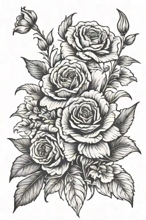rose, poppy, delphinium, gladiolus flowers with stem tattoo design idea