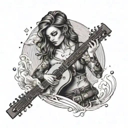 A tattoo of a firm feeling woman holding a guitar and a shotgun, symbolizing strength and passion tattoo design idea