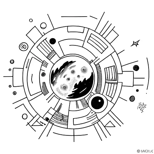 A minimalist tattoo of a bookshelf filled with planets tattoo design idea