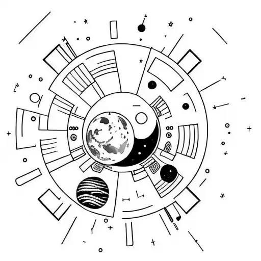 A minimalist tattoo of a bookshelf filled with planets tattoo design idea