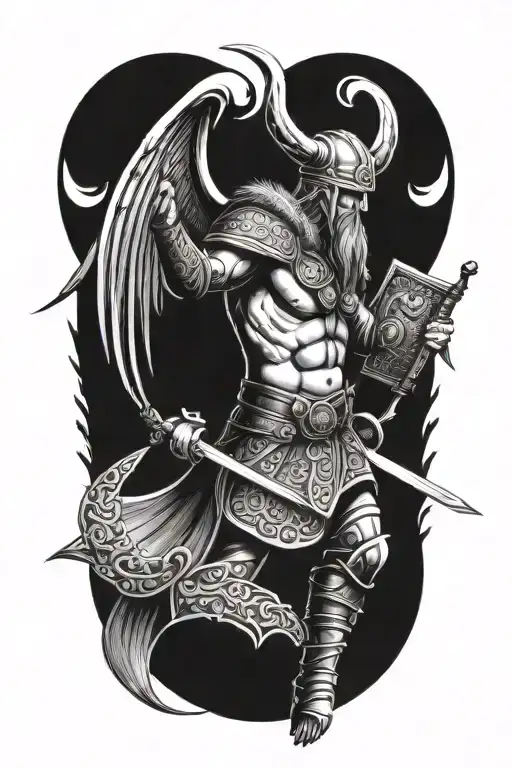 viking warrior with symmertical face full body with wings facing straightforward  tattoo design idea