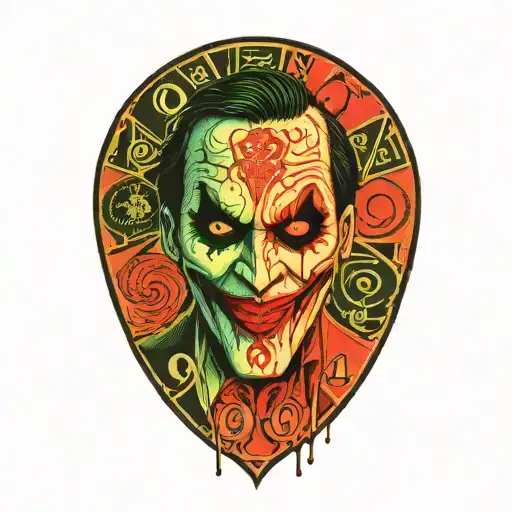 joker holding card that says 90th haha half melting tattoo design idea