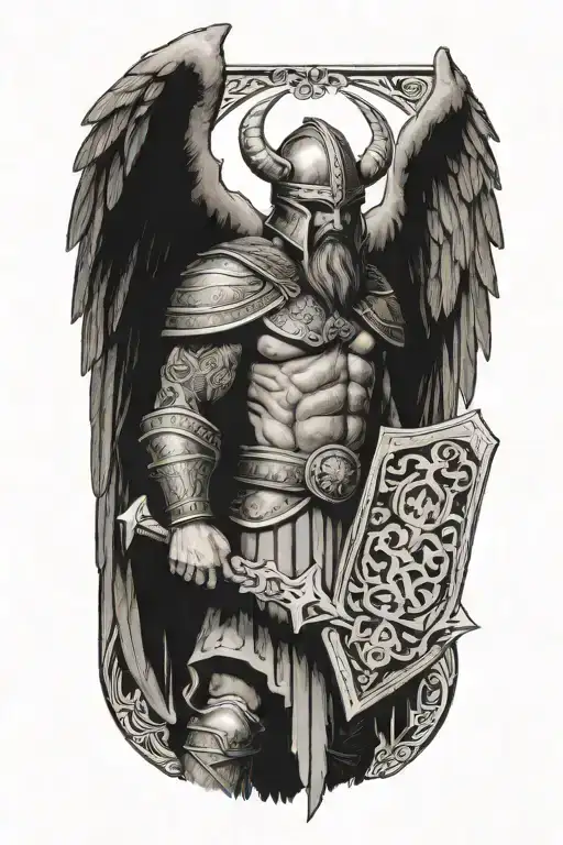 Real madrid viking warrior with wings   holding a sign that says Defendamos El Trono  tattoo design idea