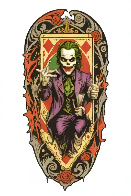 joker holding card that says 90th haha half melting tattoo design idea