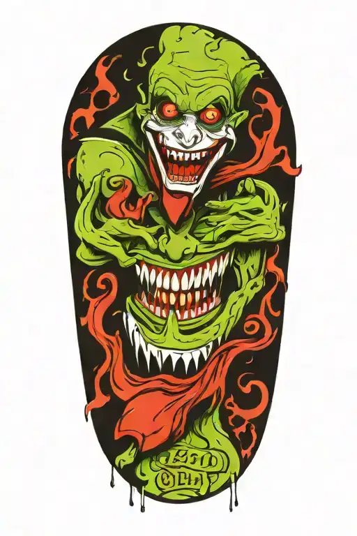 joker holding card that says 90th haha half melting tattoo design idea