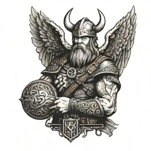 viking holding sign with wings tattoo design idea
