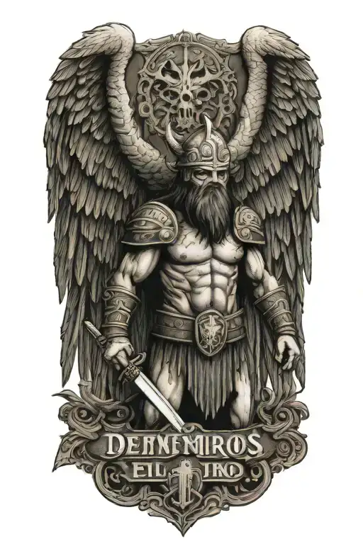 Real madrid viking warrior with wings   holding a sign that says Defendamos El Trono  tattoo design idea