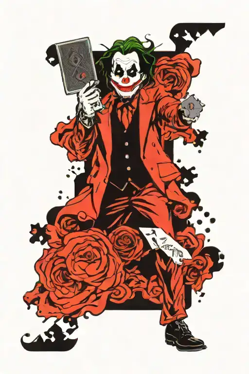 joker holding card that says 90th haha half melting tattoo design idea