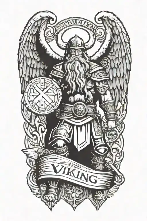 viking with wings holding sign tattoo design idea