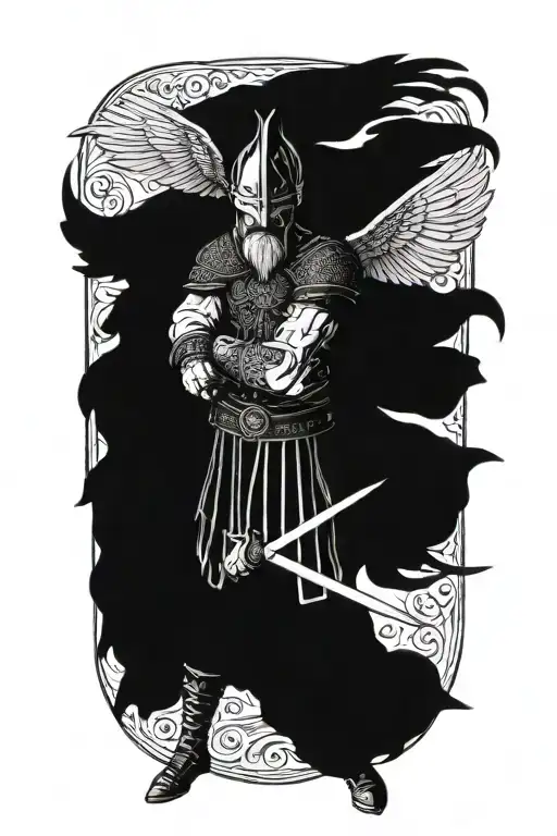 viking warrior with symmertical face full body with wings facing straightforward  tattoo design idea