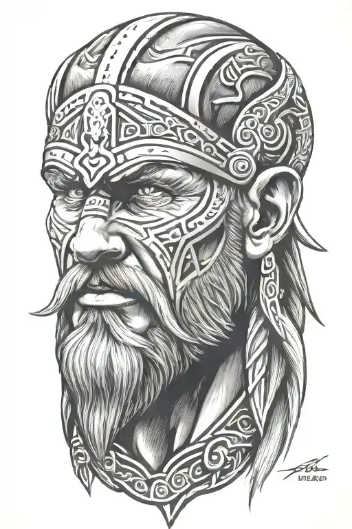 viking face 3d tiltted straight  to right side vie tattoo design idea