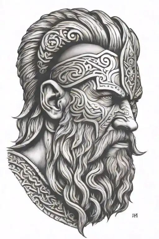 viking face 3d tiltted straight  to right side view tattoo design idea