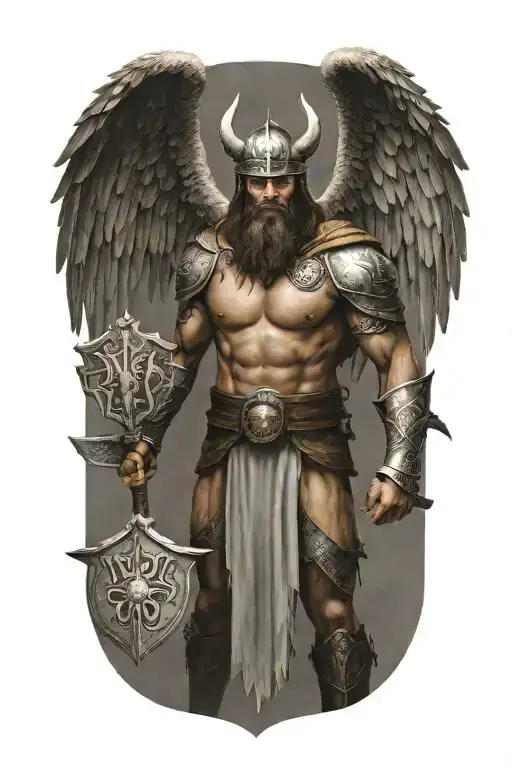 Real madrid viking warrior with wings   holding a sign that says Defendamos El Trono  tattoo design idea