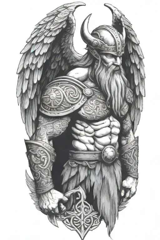 viking with symmetrical face full body with wings facing forward  tattoo design idea