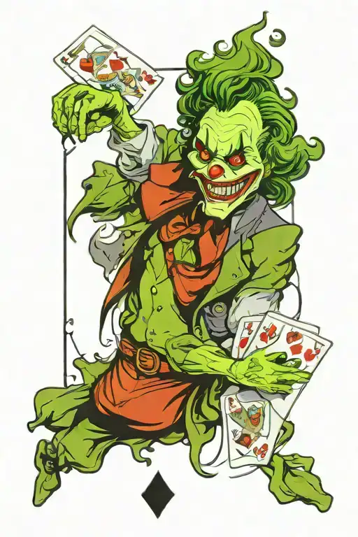 joker holding card that says 90th haha half melting tattoo design idea
