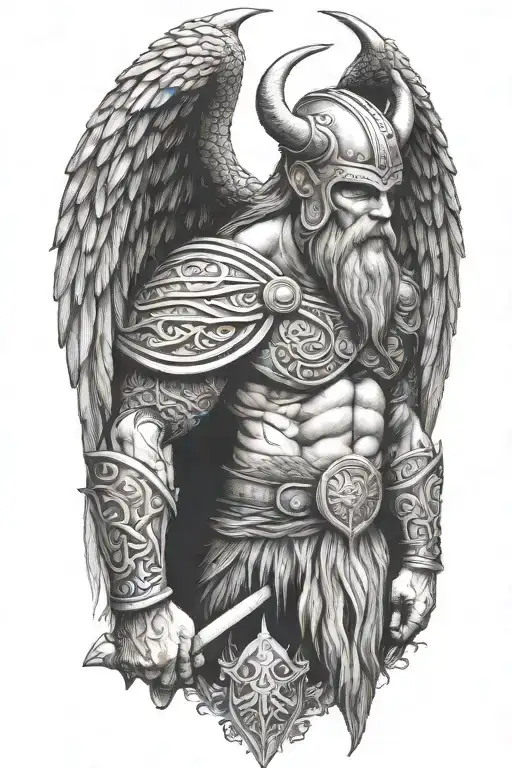 viking with symmetrical face full body with wings tattoo design idea