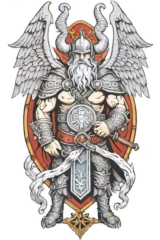 viking with wings full body holding a sign tattoo design idea