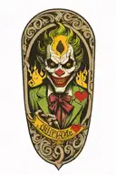 joker holding card that says 90th haha half melting tattoo design idea