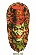 joker holding card that says 90th haha half melting tattoo design idea