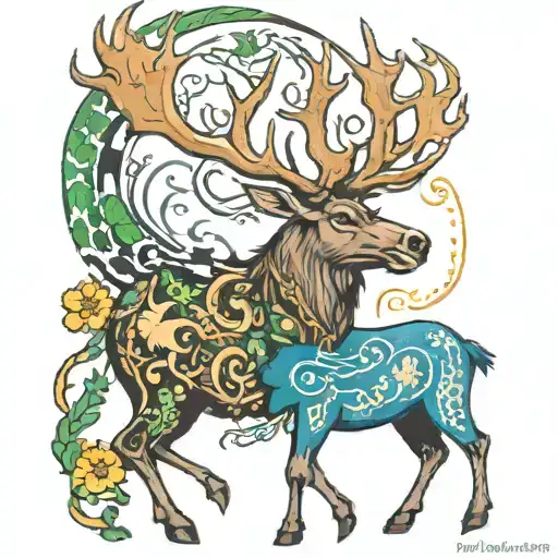 Irish elk and Irish creatures sleeve tattoo design idea