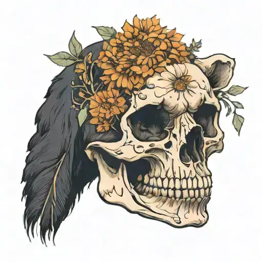Bear skull next to a cat skull , in black, with four orange marigold flowers around tattoo design idea