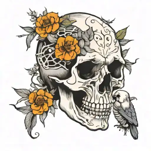 Bear skull next to a cat skull and hummingbird skeleton, in black, with four orange marigold flowers around tattoo design idea