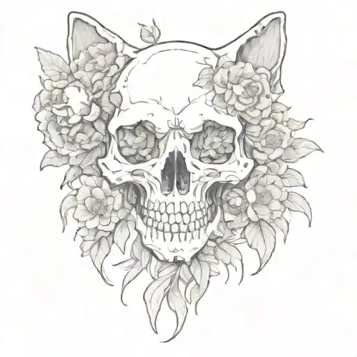 Cat skull covered in marigold flowers tattoo design idea