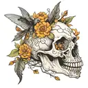 Bear skull next to a cat skull and hummingbird skeleton, in black, with four orange marigold flowers around tattoo design idea