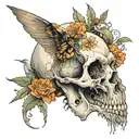 Bear skull next to a cat skull and hummingbird skeleton, in black, with four orange marigold flowers around tattoo design idea