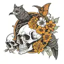 Bear skull next to a cat skull and hummingbird skeleton, in black, with four orange marigold flowers around tattoo design idea