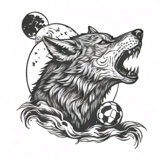 A fierce wolf howling at a full moon with a football in its mouth tattoo design idea