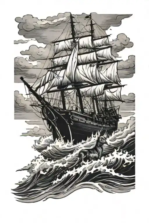 A black-grey tattoo of a Navy ship sailing through rough waters with a hunting dog on deck tattoo design idea