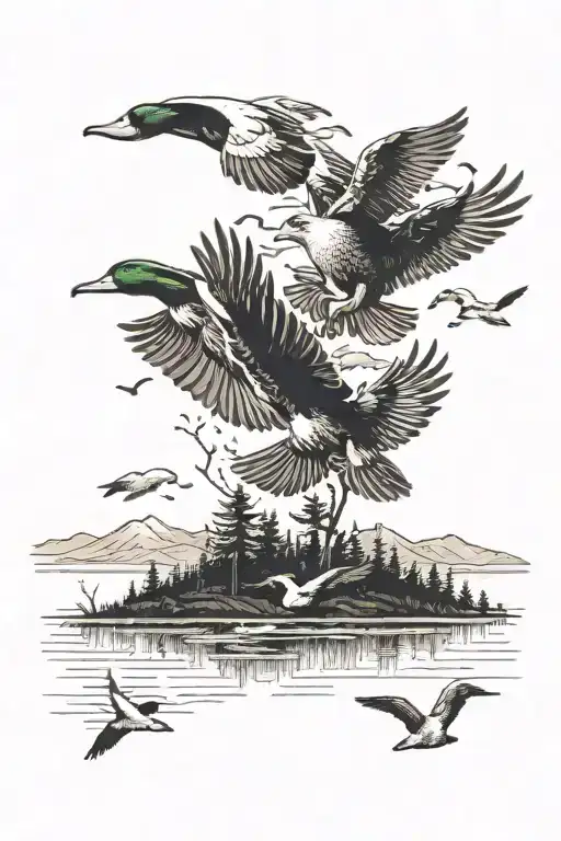A detailed blackwork tattoo of a hunting scene with ducks flying over a lake tattoo design idea