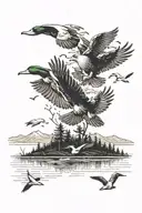 A detailed blackwork tattoo of a hunting scene with ducks flying over a lake tattoo design idea