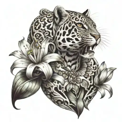 jaguar aztec warrior in love with a human lily flower tattoo design idea