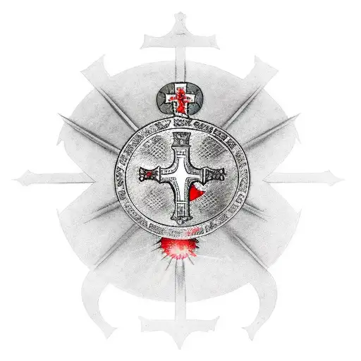 knights Templar with shield and sword kneeling in front of Christ on the cross tattoo design idea