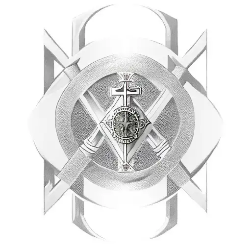 knights Templar warrior with shield and sword kneeling in front of Christ on the cross tattoo design idea