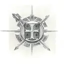 knights Templar with shield and sword kneeling in front of Christ on the cross tattoo design idea