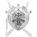 knights Templar with shield and sword kneeling in front of Christ on the cross tattoo design idea