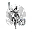 knights Templar warrior with shield and sword kneeling in front of Christ on the cross tattoo design idea
