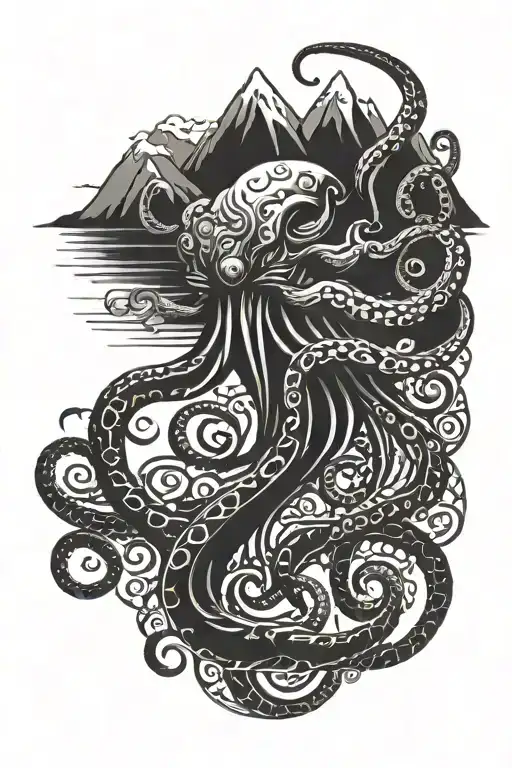 sea, mountains, octopus, anker, lovecraft tentacles mouths eyes tattoo design idea