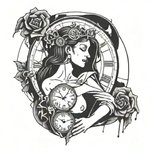 A serene female figure with a broken clock as a halo, symbolizing the passage of time and the importance of living fully in the present moment tattoo design idea
