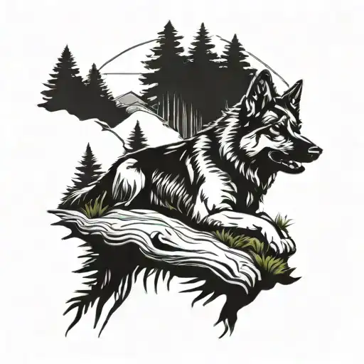 A new-school design of a short-hairer eastern German Shepherd surrounded by tall pine trees and moss on the ground tattoo design idea