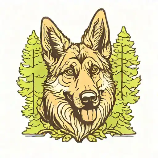 A new-school design of a German Shepherd surrounded by tall pine trees and moss on the ground tattoo design idea