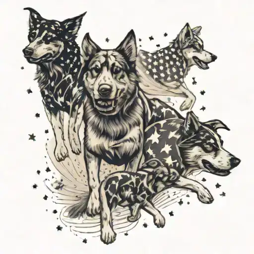 A pack of dogs running through a field of stars and stripes, showcasing the client's love for dogs and country tattoo design idea