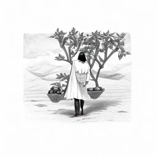 woman standing with hand outstretched to pick apple from tree tattoo design idea
