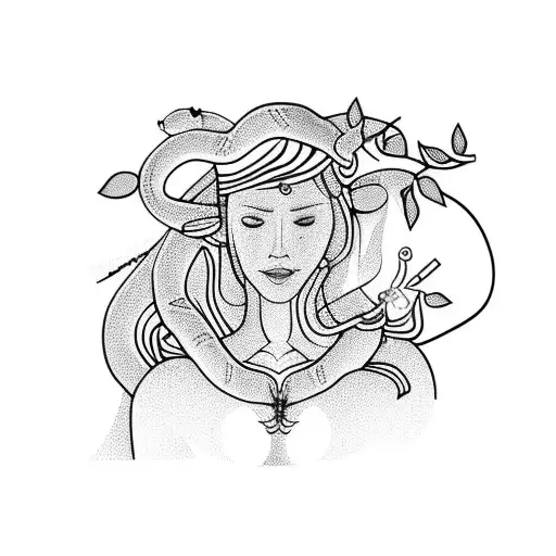 woman with snake wrapped around her chest picking fruit from tree tattoo design idea