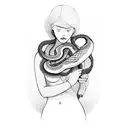 woman with snake wrapped around her chest picking fruit from tree tattoo design idea